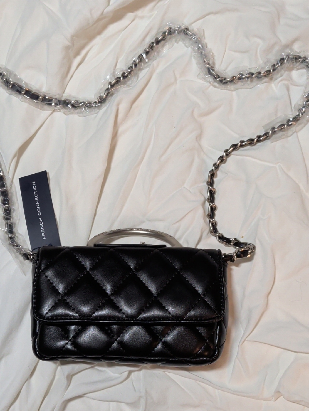 French Connection Chic Black Quilted Crossbody Bag with Chain Strap
